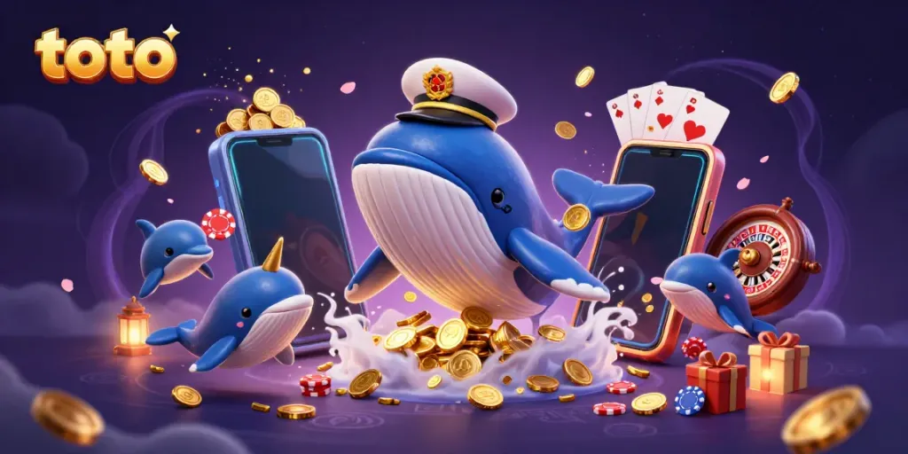 Experience the excitement of toto with a cartoon whale and playful dolphins amidst casino games.