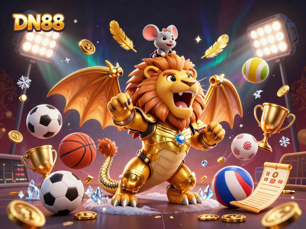 Experience excitement with DN88 as a golden chimera triumphantly rides amidst dynamic sports elements.