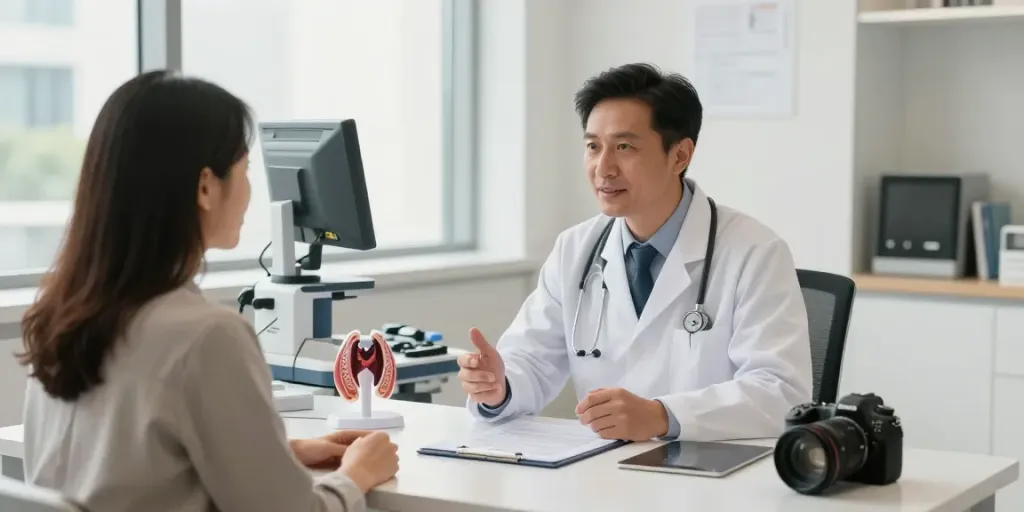 Thyroid treatment in Abu Dhabi discussed between patients and doctors in a modern clinic.