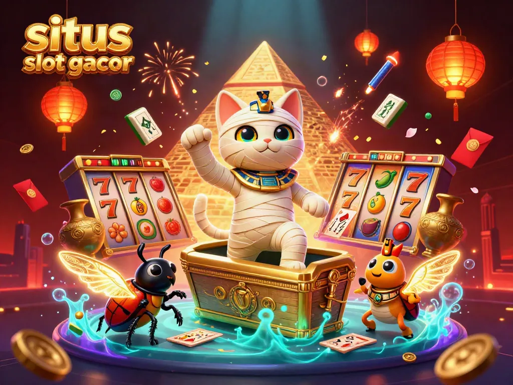 Engage with the situs slot gacor adventure featuring a golden sarcophagus and vibrant slot elements