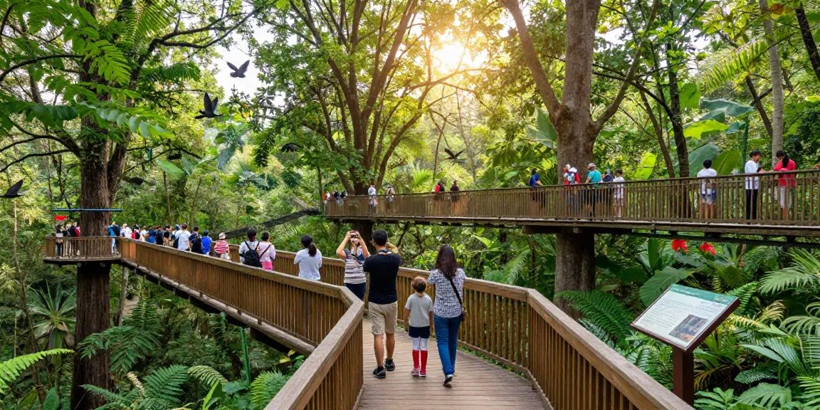 Treetop Walkway scene with visitors exploring elevated walkways in lush green forest.