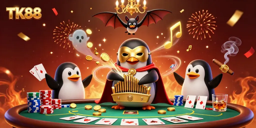 Experience the vibrant energy of TK88 casino with rich graphics showcasing a penguin and acrobat.