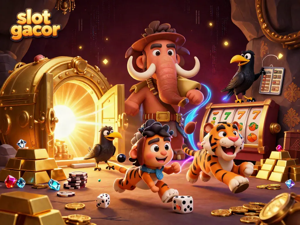Experience exciting slot gacor wins with a colorful caveman casino scene, showcasing vibrant slot elements.