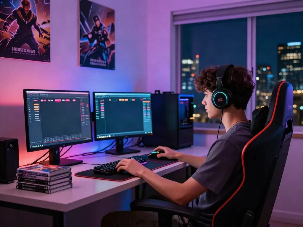 Engaged gamer exploring situs hargatoto platform in a modern home.