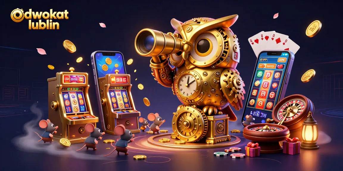 Spin wins with adwokat lublin as a golden owl surveys a dynamic casino scene filled with excitement and fortune.