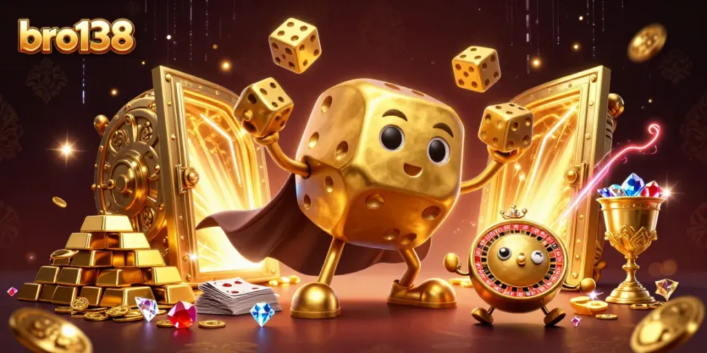 Win big at bro138 with an exciting 3D illustration of golden dice and casino treasures.