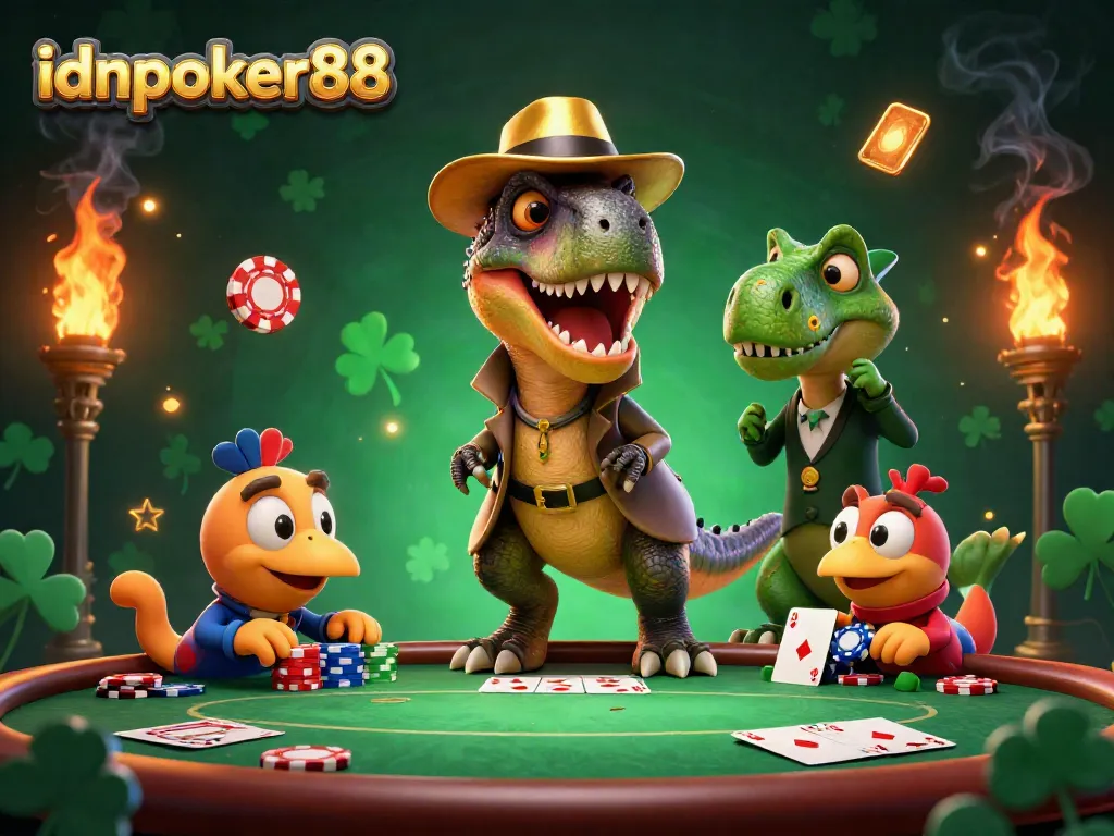 Experience thrilling poker action with idnpoker88 where a velociraptor card counter plots at a table.