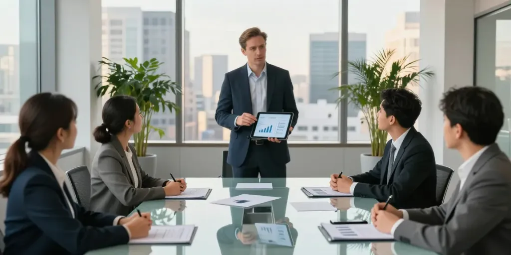 Mark Litwin Marrisa Holdings leading a professional meeting in a modern office.