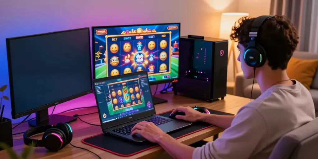 Person enjoying toto slot online in a vibrant gaming setup at home with colorful lights.
