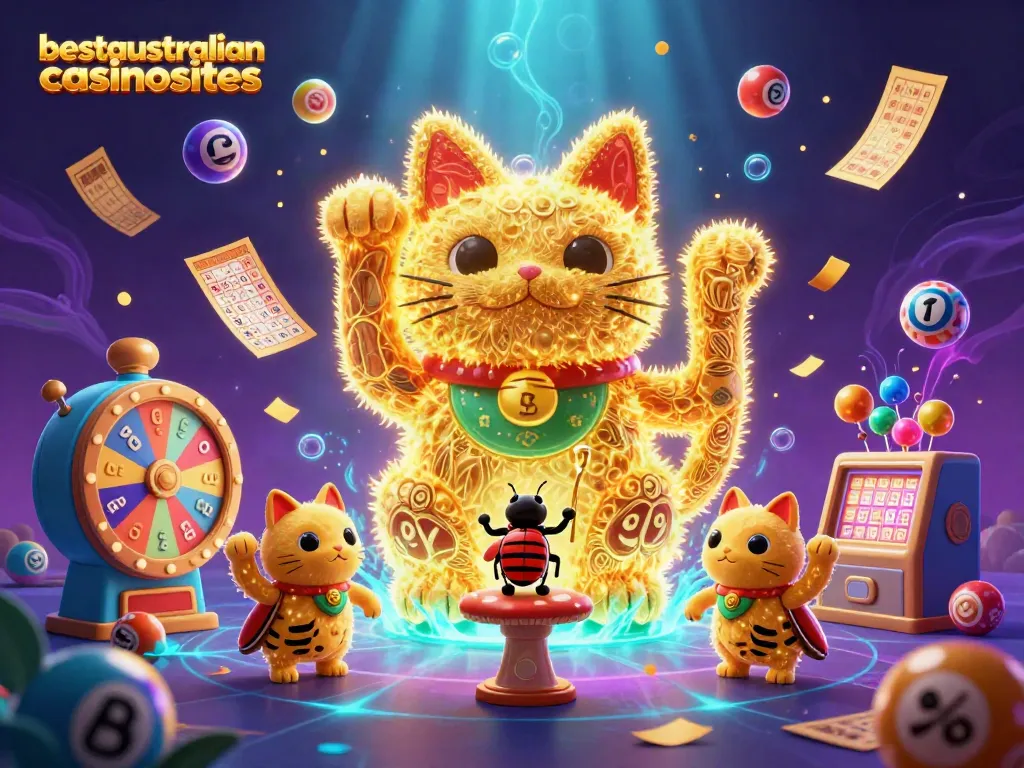 Experience vibrant gameplay with the golden lucky cat and dynamic casino symbols in an enchanting scene from bestaustraliancasinosites.
