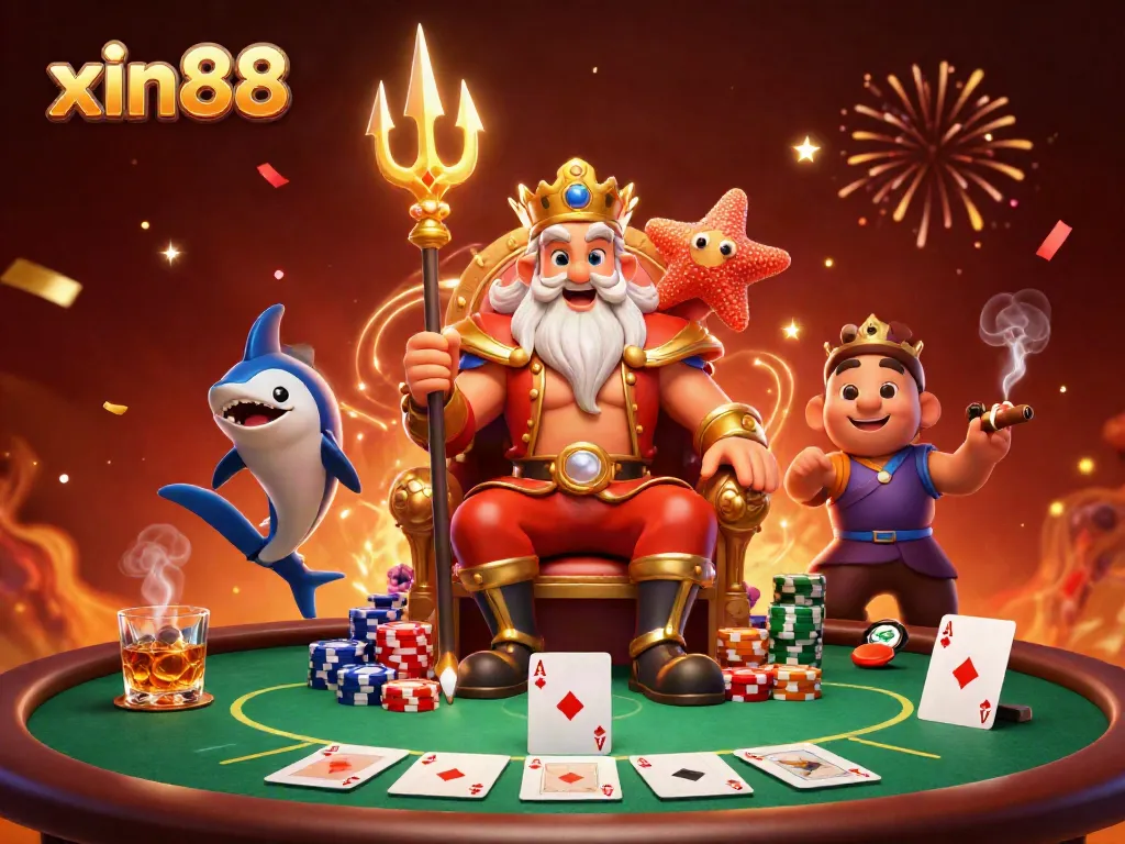 Experience thrilling poker gameplay with the inspiring xin88 sea king Neptune surrounded by vibrant casino elements.