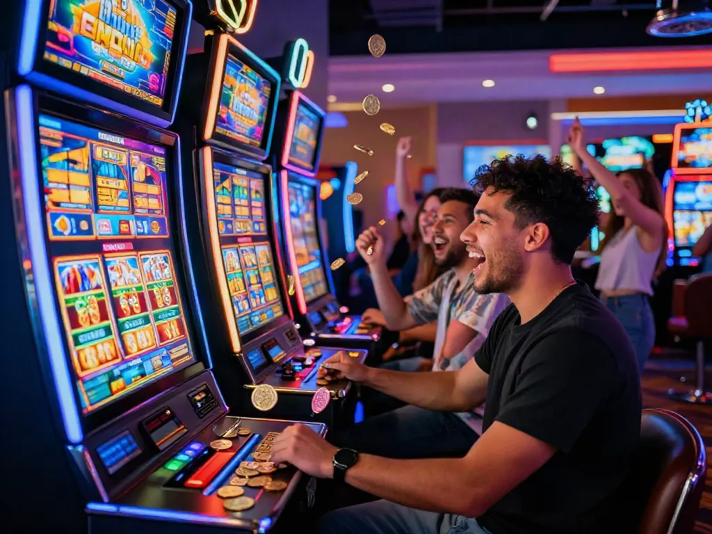 Player winning at a colorful สล็อต machine in a lively casino environment.