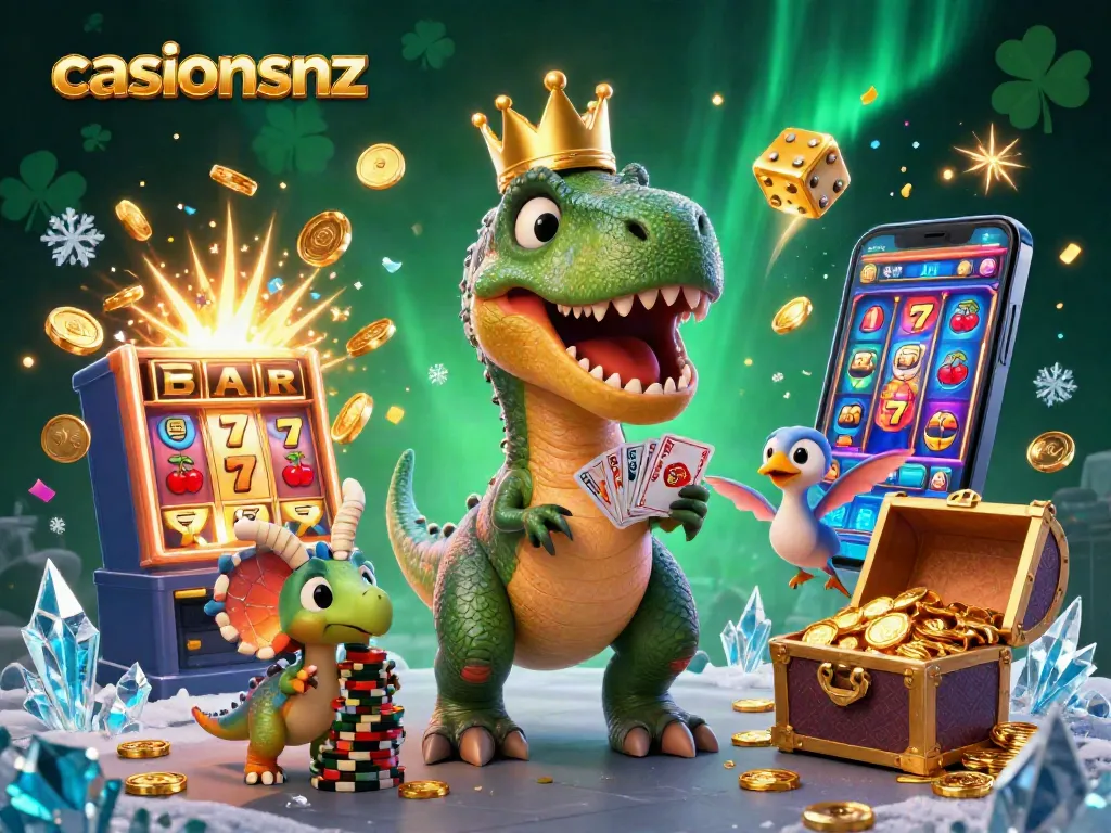 Experience the thrill of casinosnz with a playful scene including a T-Rex shuffling cards, vibrant jackpots, and dynamic casino elements.