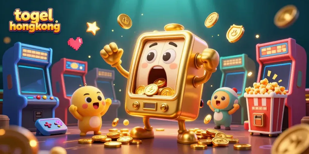 Mesin slot yang terkejut mendapatkan jackpot di togel hongkong, dikelilingi oleh elemen permainan 3D