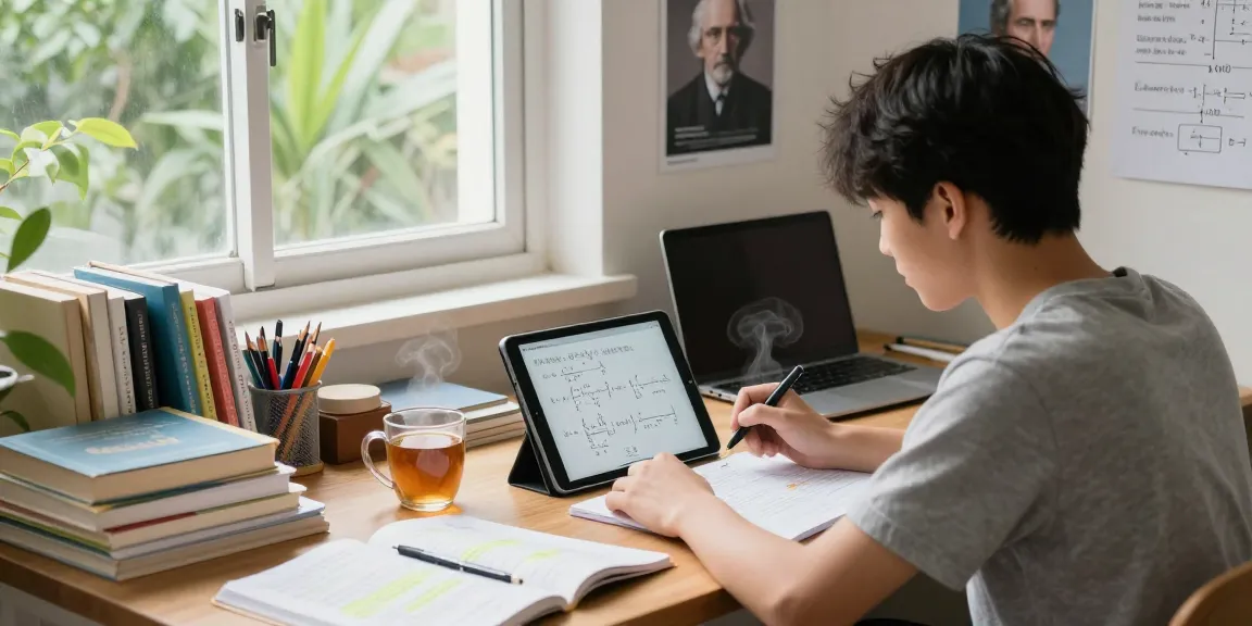 Student engaged in physics tuition study at a bright home office, showcasing learning materials and a focused environment.