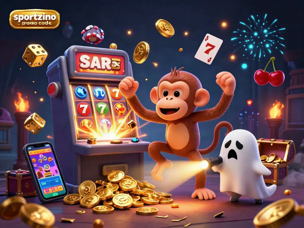 Engage with the sportzino promo code and win free coins at a vibrant haunted casino with a playful monkey and eager puppy.