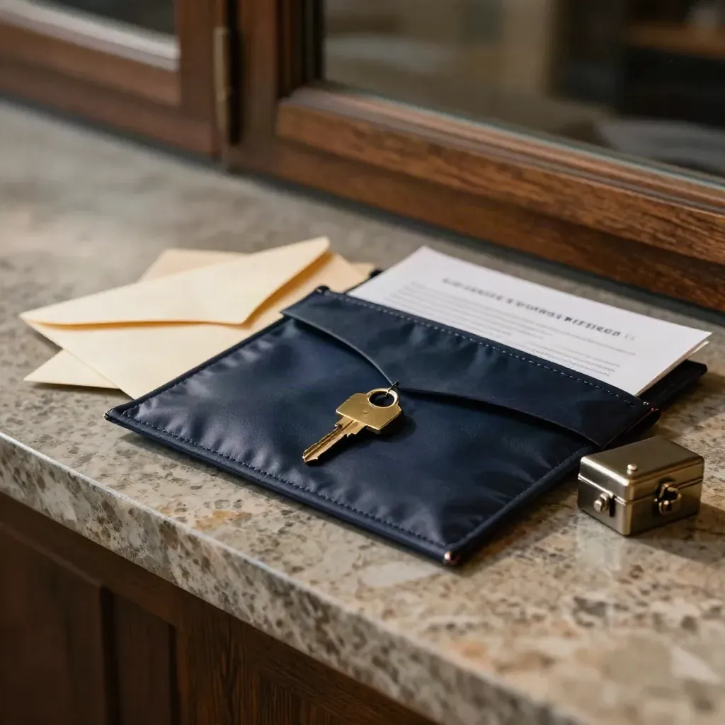 Title insurance file, key, policy envelopes, and lockbox on a limestone counter