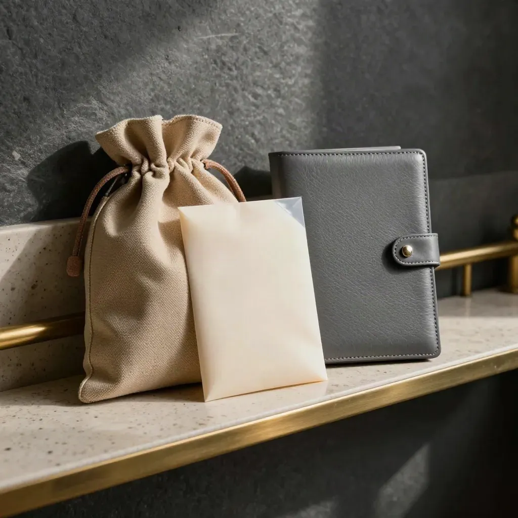 Brass rail with escrow deposit pouch, payoff packet, and signing folio in a hazy ops room