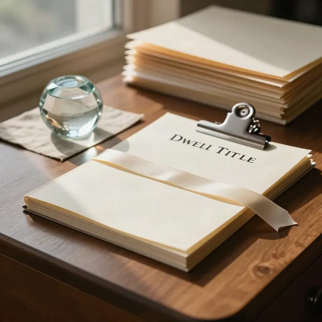 Closing packet with ribbon, clip, and paperweight on a linen mat in warm window light.