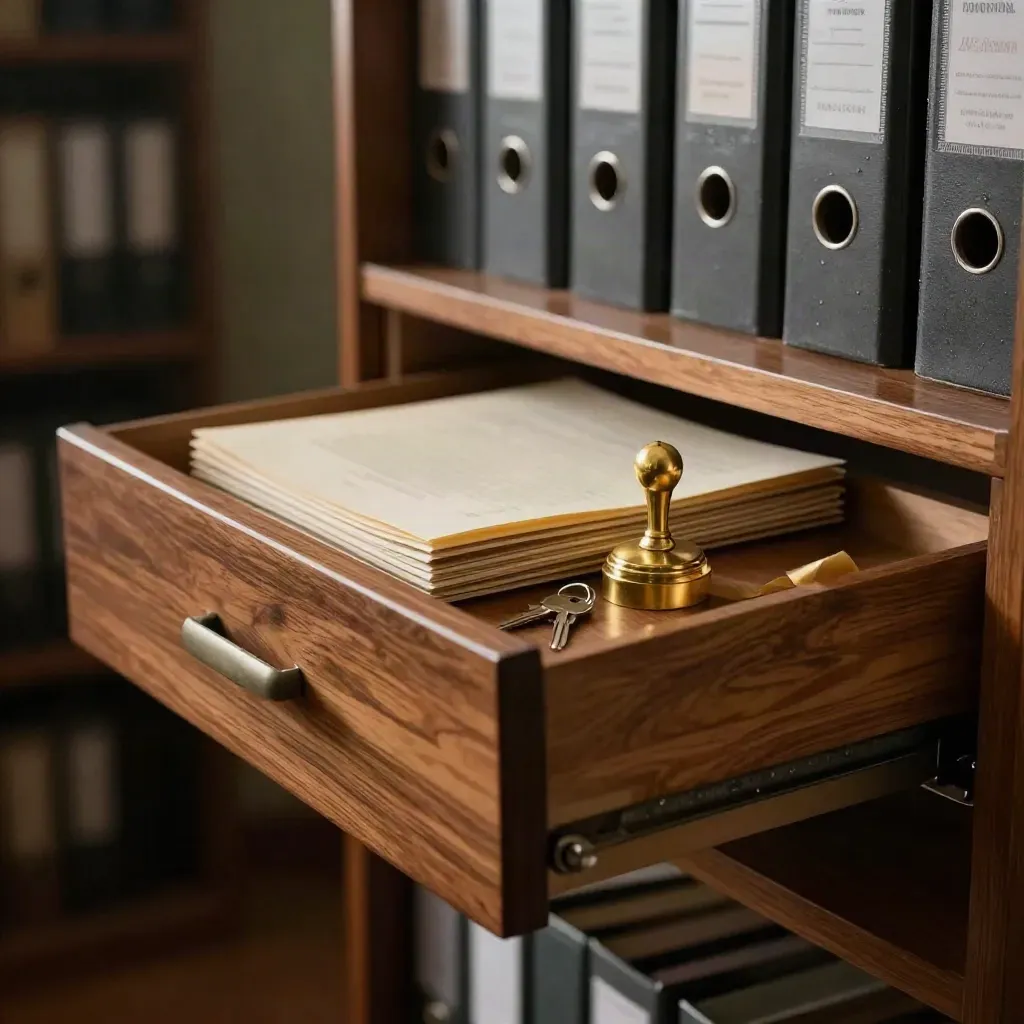 Walnut archive console with open drawer, brass escrow seal, keys, file jackets, and haze