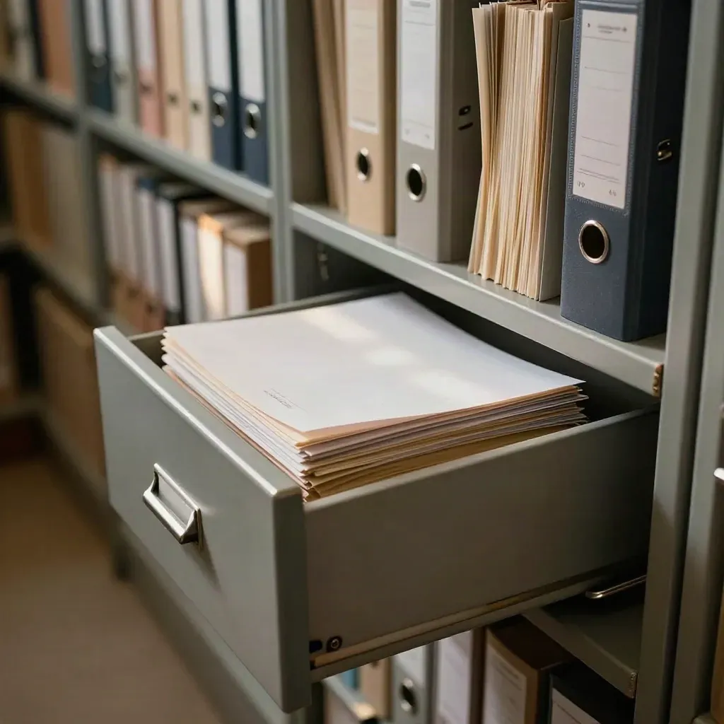 Open archive drawer with binders and a pulled search file in warm daylight.