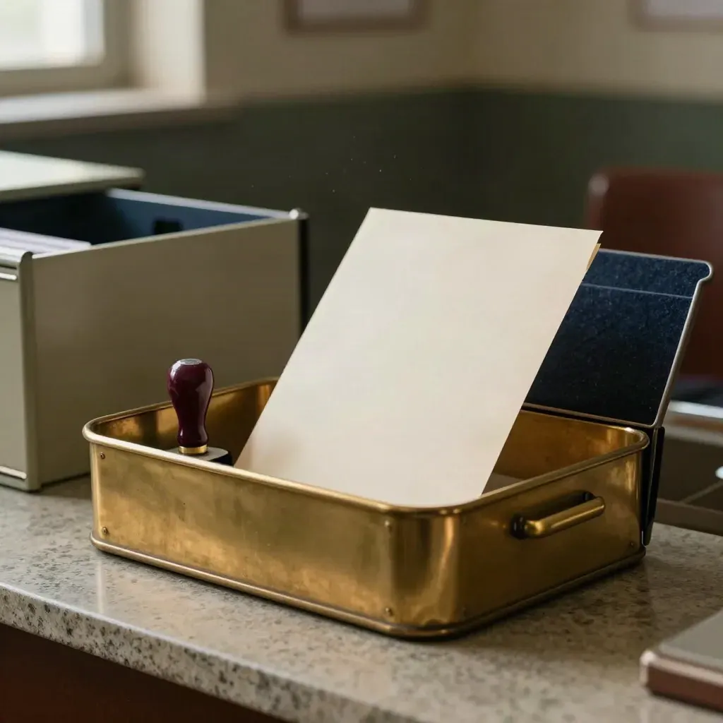 Intake basket with a sealed deed packet, date stamp pad, and partly open archive drawer.