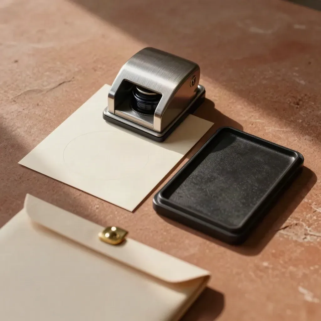 Top-down notary kit with embosser, certificate sleeve, ink pad, and courier pouch on terracotta stone.