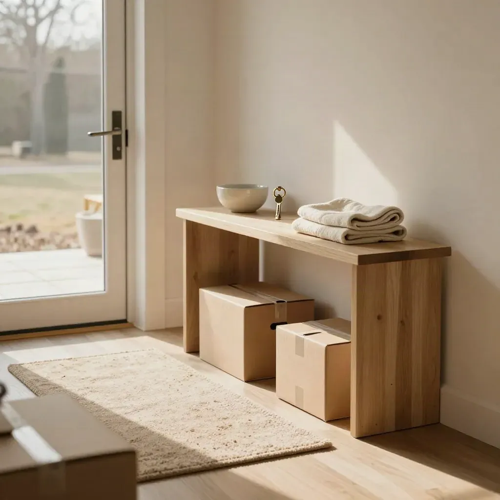 Sunlit entry with keys, moving boxes, and a half-open door in a new home