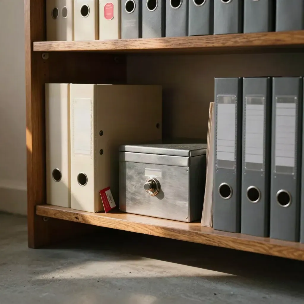 Neatly reset county file shelf with binder, red tag, and turned-away lockbox