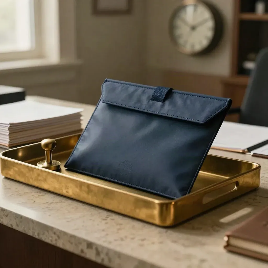 Navy courier pouch and closing packet sliding into a brass in-tray beside a blurred wall clock.