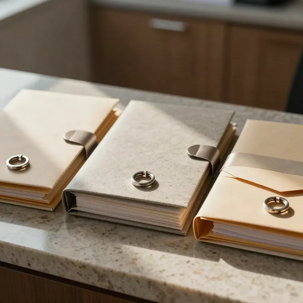 Three closing kits on a stone counter, with folders, key rings, and sealed envelopes.