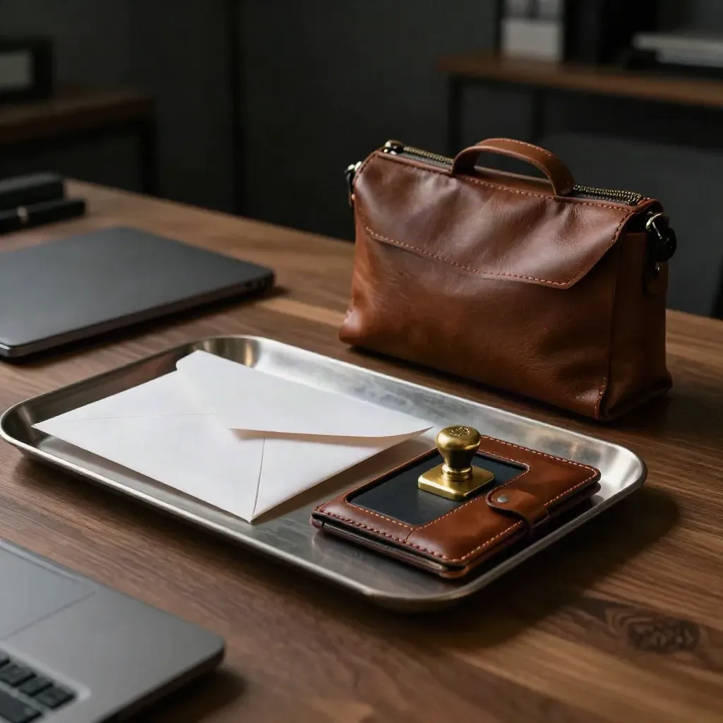 Notary kit, sealed envelope, laptop, and courier pouch ready for pickup on a desk.