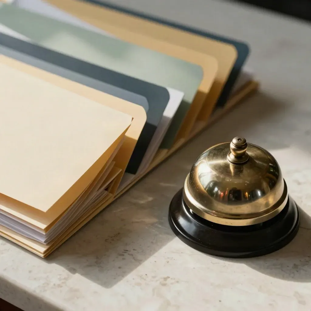 Macro overhead of escrow folders, brass timer, and a compact call bell on travertine.