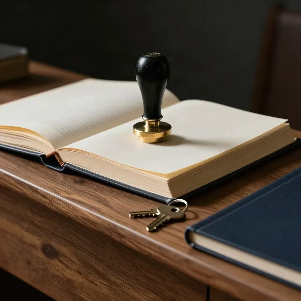 Seal press, open record book, file dividers and house keys on a walnut archive bench.