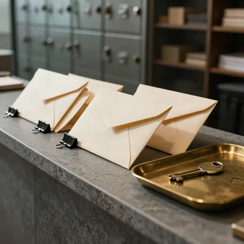 Blank envelopes, binder clips, key tag, and brass tray on a slate stone ledge.