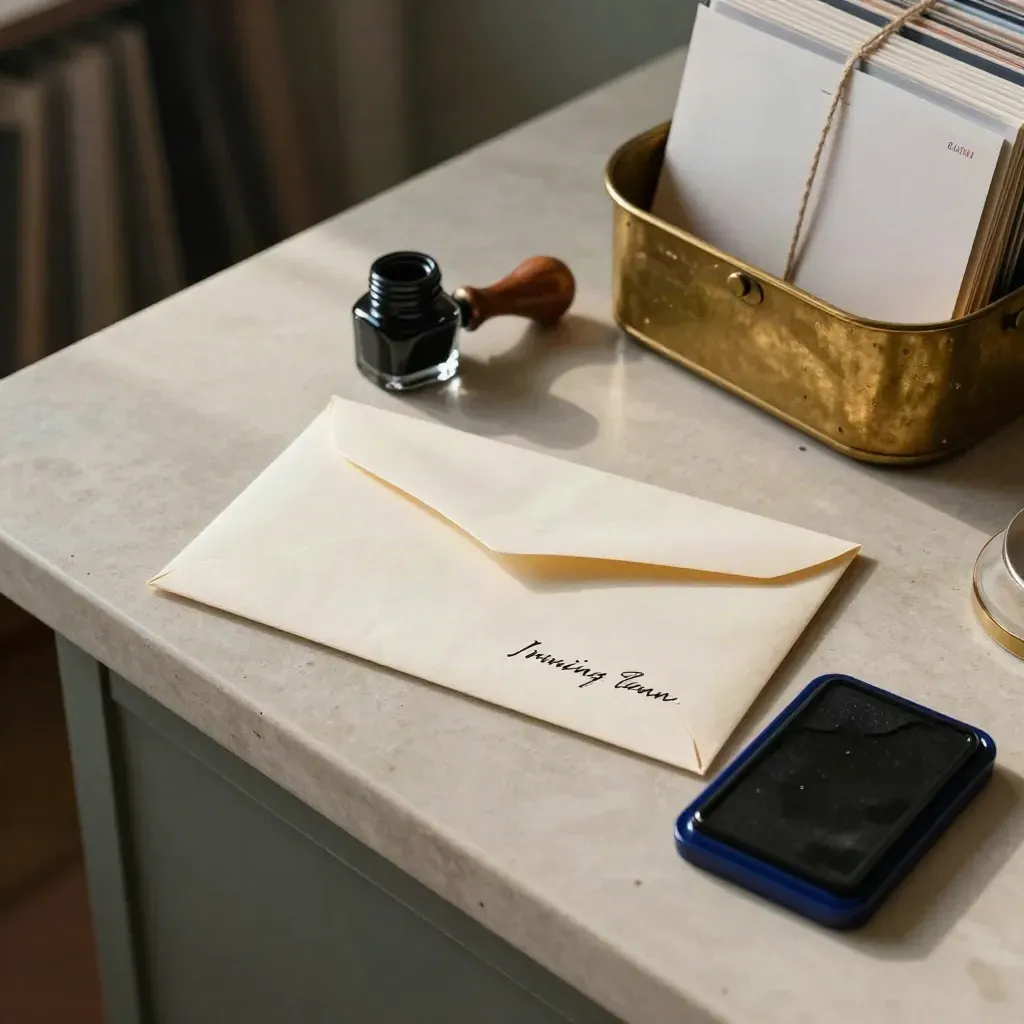 Stamped envelope with archive stamp, ink pad and brass basket on pale stone under soft daylight.