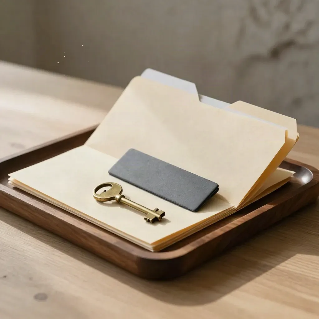 Opened file folder with tab cards, metal clip, and brass key on a wood tray.