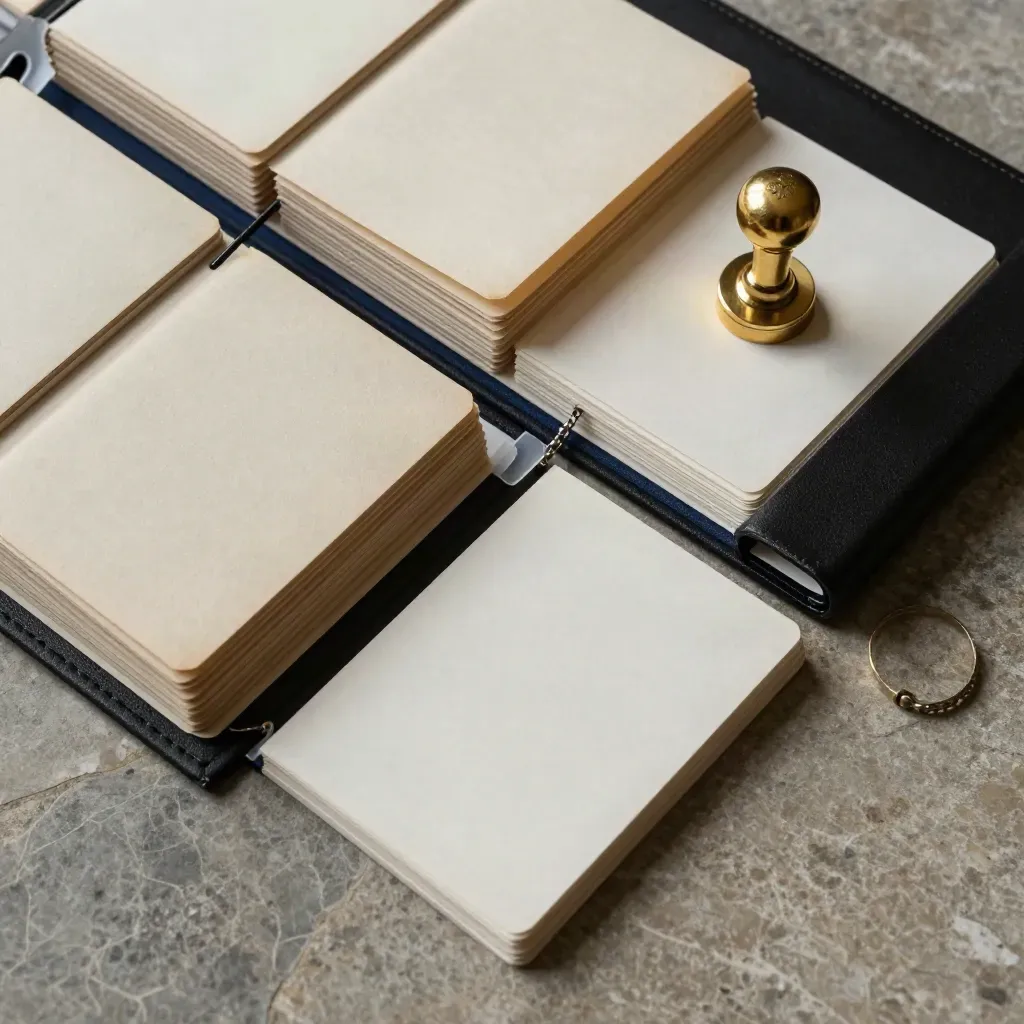 Overhead flatlay of archive cards, black binder, seal stamp, and folder tabs on stone.