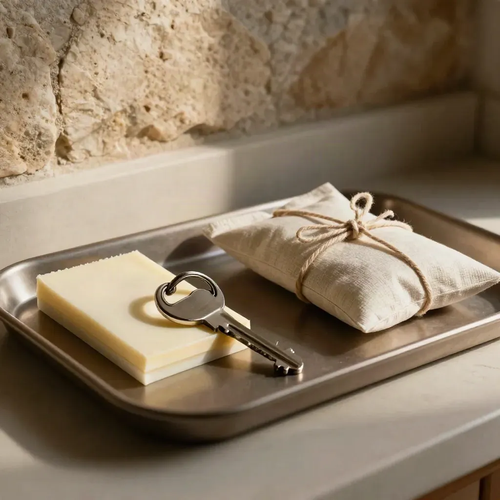 Closing kit on a tray beside stone wall, with sleeves, key ring, tied packet, and metal clip.