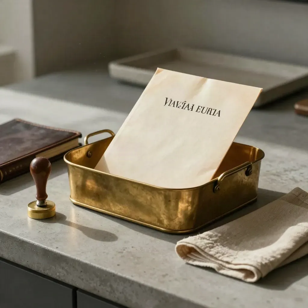 Brass intake basket with sealed deed packet, stamp, ledger spine, and linen on concrete