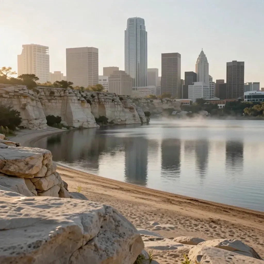 Austin skyline above limestone bluffs and a still lake at sunrise with mist and haze.