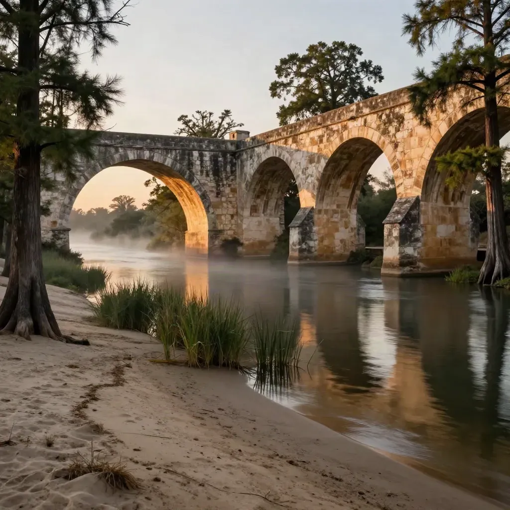 Sunlit Mission Reach arches over a still cypress-lined river at golden hour