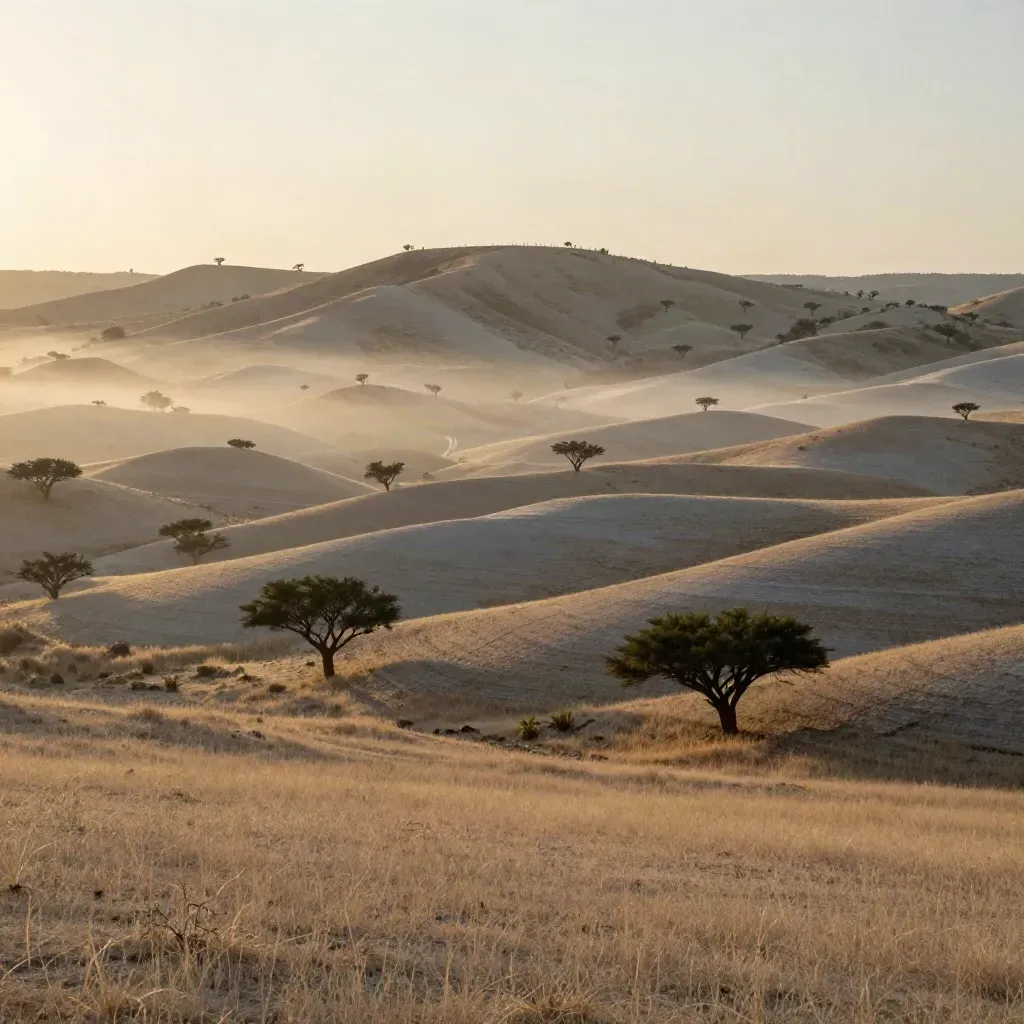 Hazy dawn over rolling caliche hills and mesquite with a distant ranch road.