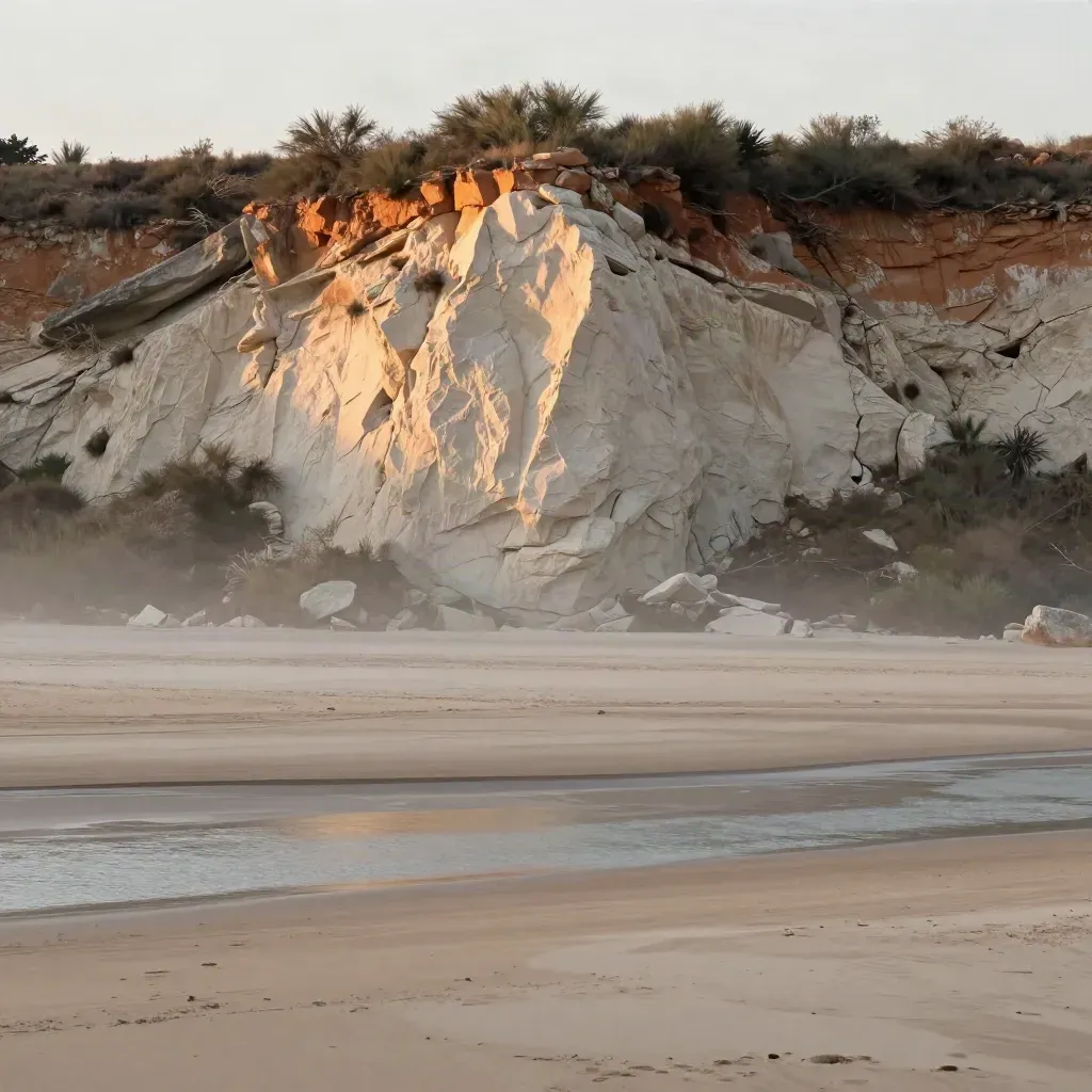 Hill Country limestone bluff above a hazy creek terrace at sunset