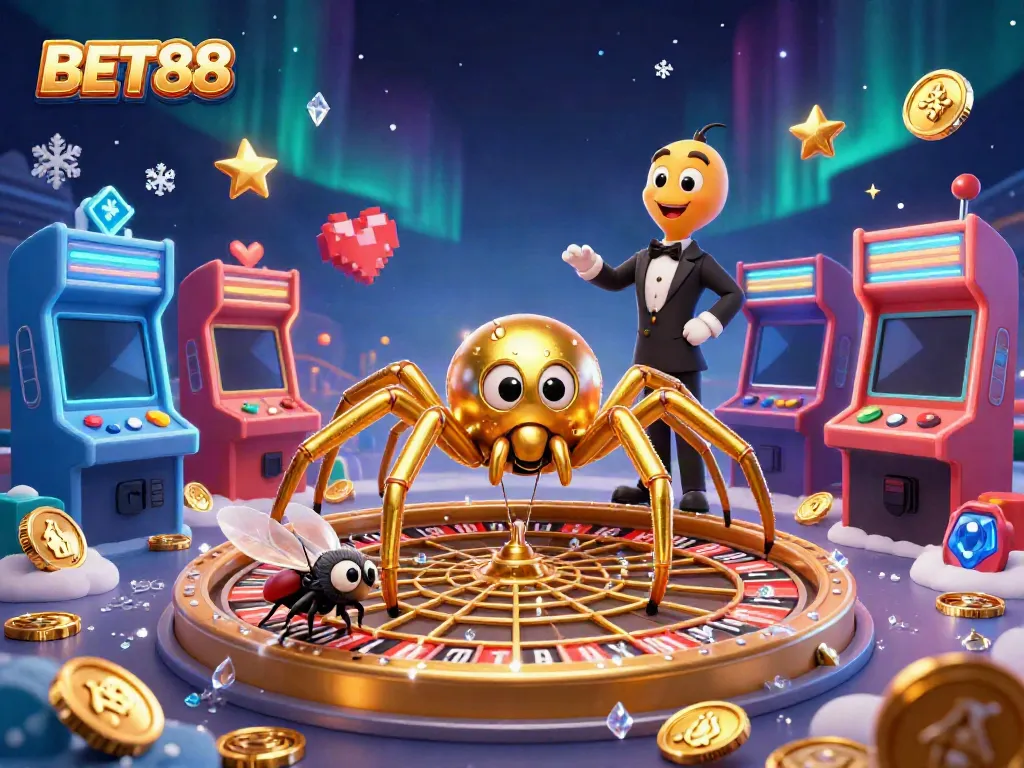 BET88 cược trong không gian sòng bạc với nhện vàng và con dế làm người chia bài.