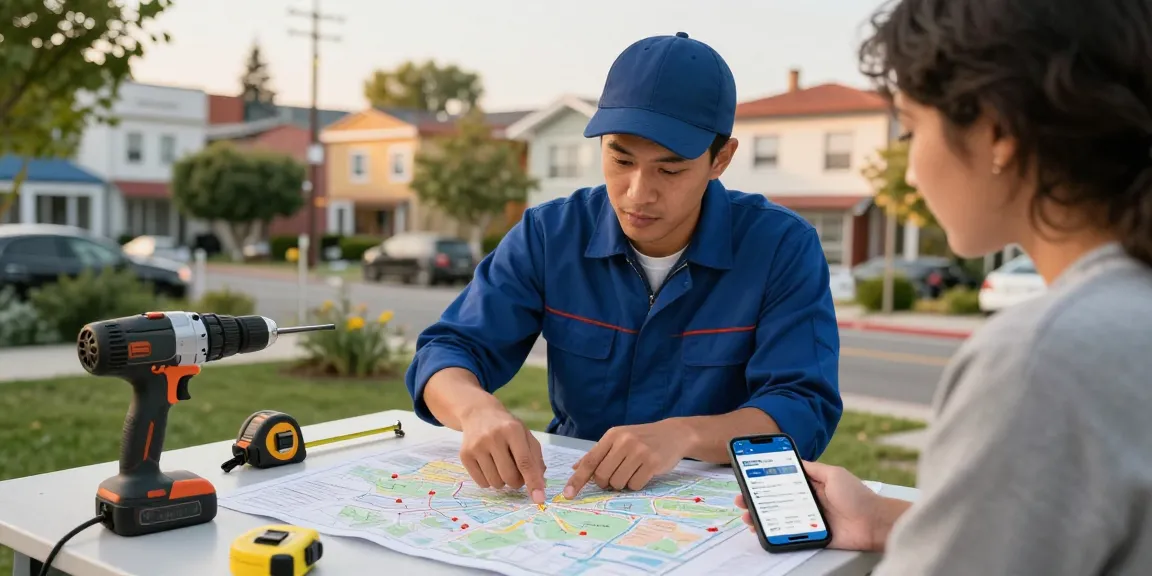 Local SEO for contractors in action, a home-service business owner discusses projects while leveraging local maps.