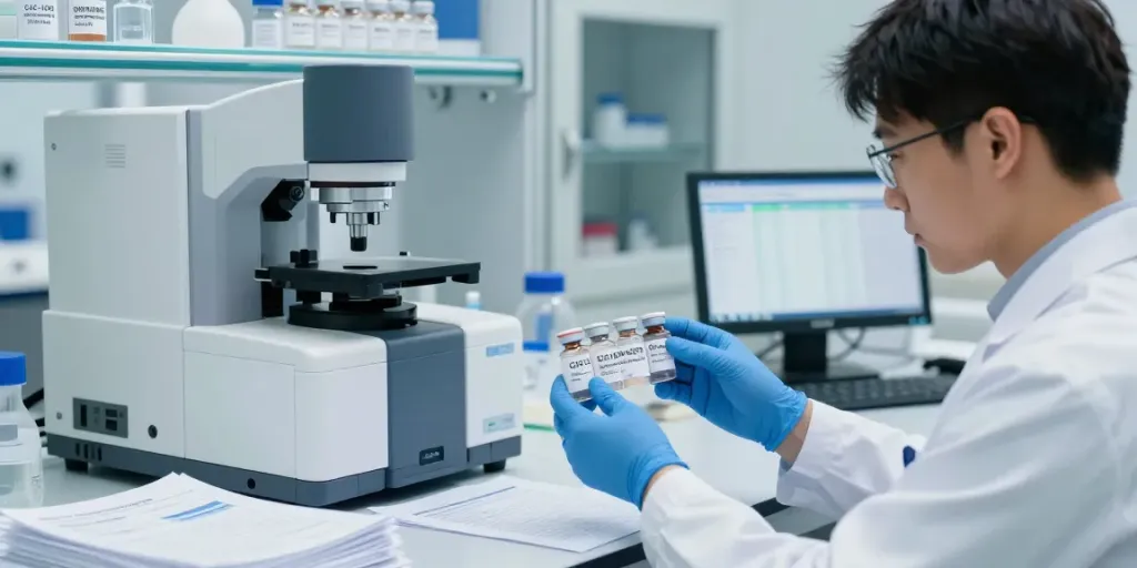 Researcher analyzing CJC-1295 Ipamorelin blend for sale in a modern lab.