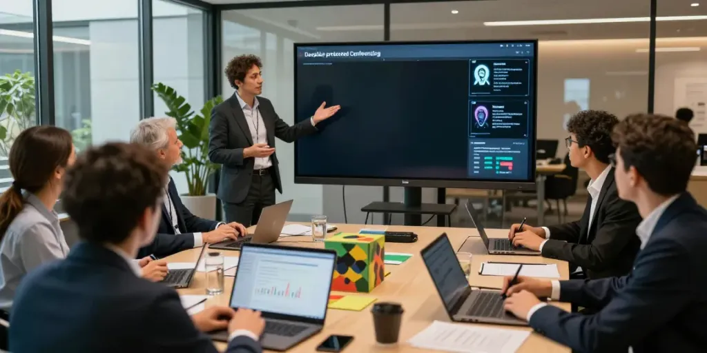 Engaged professionals in a tech conference discussing Deepfake protected Conferencing strategies