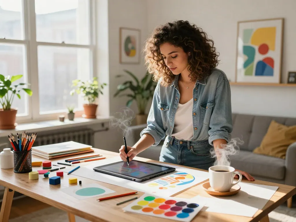 Creative woman at her art desk, showcasing vibrant Roma Army OnlyFans content.