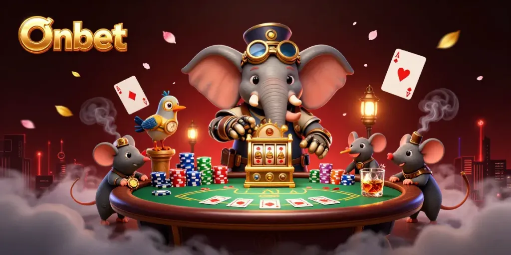 Onbet's steampunk elephant engineer operates a golden slot machine amidst vibrant casino elements.